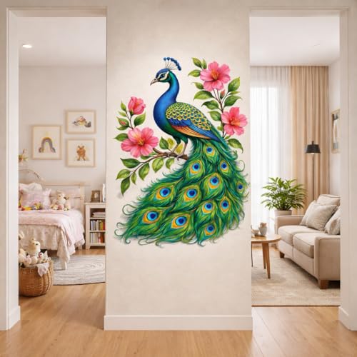 Image of Rangoli Peacock Wall Sticker 16 x 24 Inch Floral Bird Design Self Adhesive Wall Decor for Living Room Bedroom Kids Room Nature Theme Wall Art