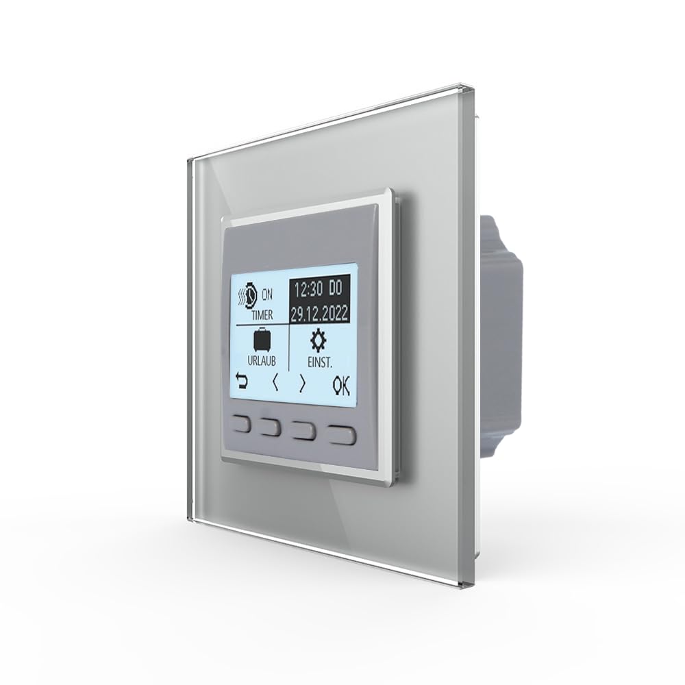 Livolo Digitales Raumthermostat für Fußbodenheizung mit Glasrahmen in Grau, Programmierbar, inkl. Bodenfühler, Heiz- und Kühlfunktion, Energieverbrauchsstatistik, Kindersicherung, 230V AC, 16A