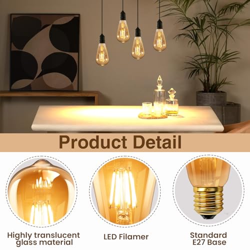 Vintage Edison Bombillas E27 LED 6W (Equivalente a 60W), ST64 LED Filamento, Ambar Blanco Cálido 2200K, 600LM, AC 220V-240V, No Regulable, Decoración Iluminación para Hogar, Cafés, Bares, 2 Piezas - imagen 4