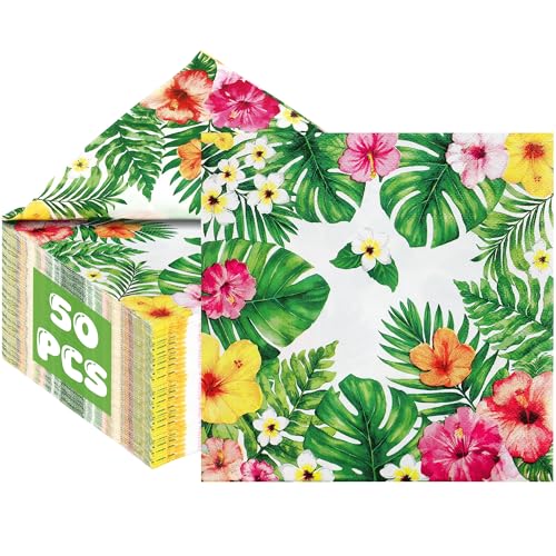 50 Pcs Hawaiian Hibiscus Napkins Tropical Party Decorations Disposable Floral Palm Leaf Paper Towels Aloha Dinnerware 2 Ply for Summer Luau Hawaiian Theme Birthday BBQ Pool Party Supplies 6.5 Inch