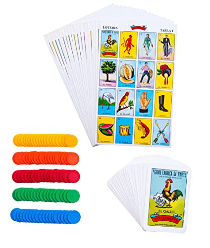 ELIASM Loteria Mexican Bingo Game Kit - for 20 Players - Includes 1 Deck of Cards and Boards - with 100 Bingo Chips - for The Entire Family - Great for Learning Spanish.