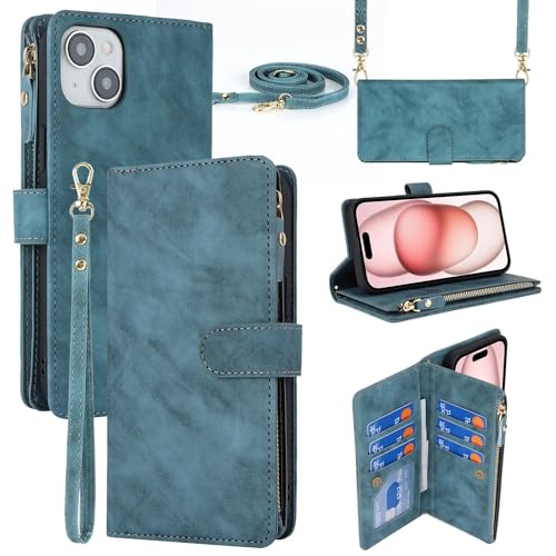 Housse iPhone 15 avec sangle iCoverCase en cuir synthétique bleu haut de gamme