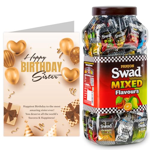 Image of Swad Happy Birthday Sister Gift with Card (Swad Mixed Flavours Candy 200 Jar & 1 Greeting card) 2 units