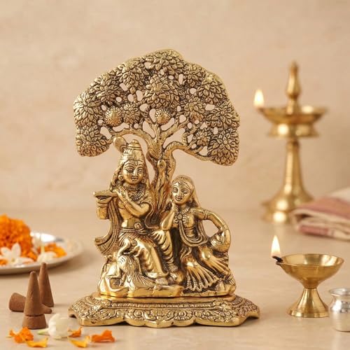 Image of KridayKraft Metal Lord Radha Krishna Tree Idols Hindu God Radha Krishna Ji Murti for Home Temple Puja and for Home Office Shop Decorative God Idols Showpiece