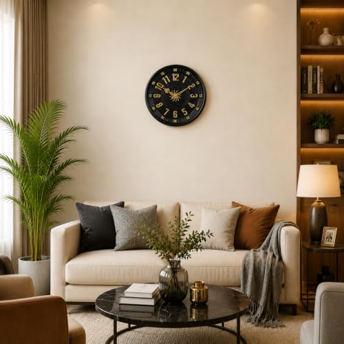 Image of Big Size Designer Wall Clock 13.5 Inch for Living Room Stylish Gear Design Seconds Needle | Unique Watch for Bedroom, Office, Kitchen, Hall| No TIK-TIK Decorative Clock for Home Decor. (Black)