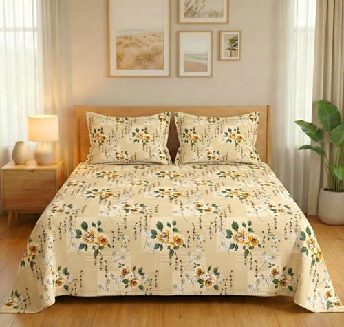 Image of VAS COLLECTIONS 300 TC Premium Cotton Bedsheet Set Double Bed | Soft Breathable Flat Sheet with 2 Pillow Covers | Luxury Printed Bedding | Elegant Durable Bed Linen 230x254 cm (Warm Beige)