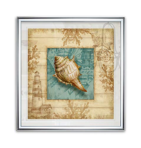 Beach Comber IV Seashell Painting Nautical Art Framed Fine Giclee Canvas Prints Coastal Artwork Home Wall Decor - Silver Frame