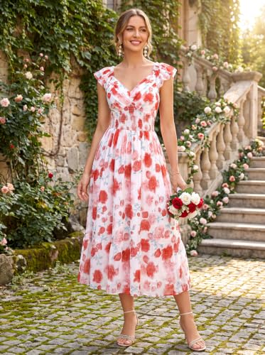 Image of GRACE KARIN Women's Summer Floral Maxi Dress 2026 Ruffle Sleeve Smocked Sundress Flowy Wedding Guest Long Dresses with Pocket