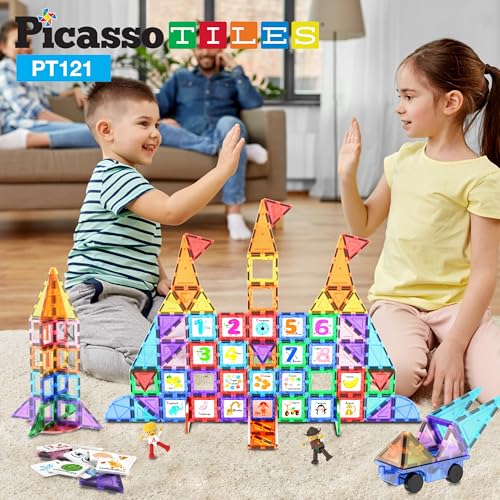 PicassoTiles 121 pc Master Builder Magnetic Building Block Construction Set Magnet Tiles Blocks with Car Truck, 2 Character Action Figures, 28 Educational Alphabet Animal and Number Graphics
