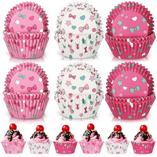 Honoson 225 Count Cartoon Cat Cupcake Liners Pink Bow Kawaii Baking Cups Blue Wrappers Muffin Paper Cups for Cartoon Kitty Birthday Party Baby Shower Decorations
