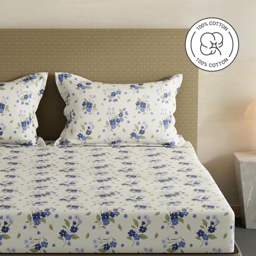 Image of Layers 100% Cotton Fitted Sheet for King Size Bed | Lumina Floret Collection | 144 TC Soft & Breathable | Floral Print with 2 Pillow Covers | Wrinkle Free & Colorfast | 3 Pc Bedding Set - Blue