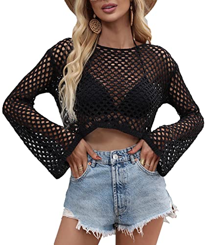 SOMTHRON Napperon en crochet pour femme avec col rond à manches longues et manches longues, Noir , S