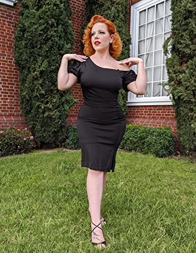 Belle Poque Short Puff Sleeve One Shoulder Ruched Bodycon Dress Vintage Elegant Wedding Guest Party Dress Black L #TOP4