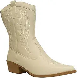 Bota Feminina Western Texana Bordada Cano Médio Salto Grosso Bico Fino Confortável