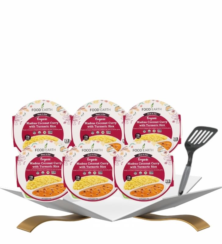 6x Curry Madras Coconut Turmeric Rice 10.58 oz Bundle with Nylon Slotted Turner — Vegan, No Gluten Ready-to-Eat South Flavored Meal — Gift Set (7 Items)