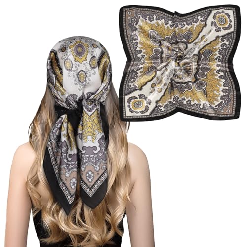 Relang Fashion silk Satin Head Scarf for Women Hair Bandana Hair Scarf Wrap Neck Scarf for Women 27.5×27.5 inches Black Border Yellow Totem