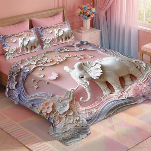 Image of 7D Fairy Tale Elephant Collection King Bedsheet 108x108 inch with 2 Pillow Covers | Good Stitching, Soft Fabric & Vibrant 7D Digital Print for Kids & Couples (Pink)