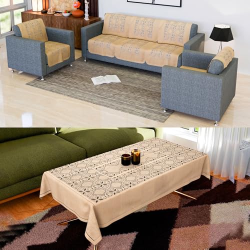 Image of Kuber Industries Sofa & Center Table Cover Set | Net 5 Seater Sofa & 4 Seater Table Cover Combo | Furniture Protector Cover for Living Room | Self Flower New Jersey | Golden