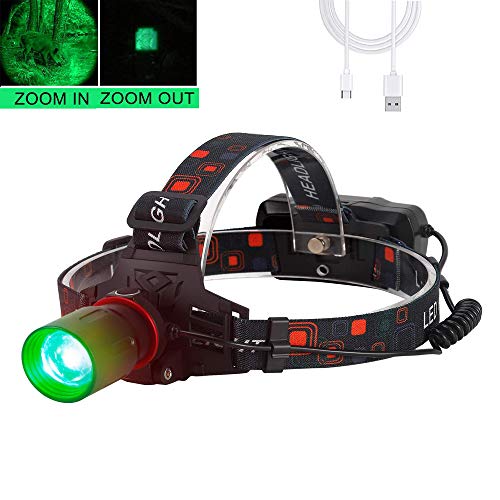Lampe frontale avec lumière verte, Lampe frontale pour la chasse, 1000 lumens, zoomable pour l'astronomie, la vision nocturne, le camping(lumière Verte)