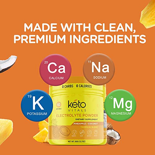 Keto Vitals Electrolyte Powder - Sugar Free Keto Electrolytes Powder With Potassium, Magnesium, Sodium, & Calcium - No Sugar Electrolyte Drink Mix & Hydration Powder, 60 Servings, Pineapple Coconut #TOP2