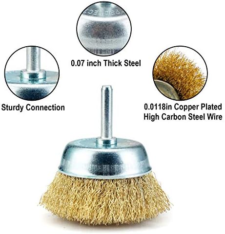 TILAX Wire Brush Wheel Cup Brush Set 7 Piece, Wire Brush for Drill 1/4 Inch Arbor 0.0118 Inch Coarse Brass Coated Crimped Wire Wheel for Used to Clean Rust, Flakes and Abrasives Drill Attachment