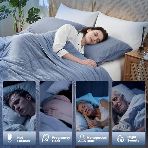 Amélie Home Cooling Comforter Queen Size, Dual-Sided Lightweight Cooling Blanket for Hot Sleepers, Q-Max 0.43 Breathable Cooling Quilt for Night Sweats, 90" x 90", Heather Denim Blue