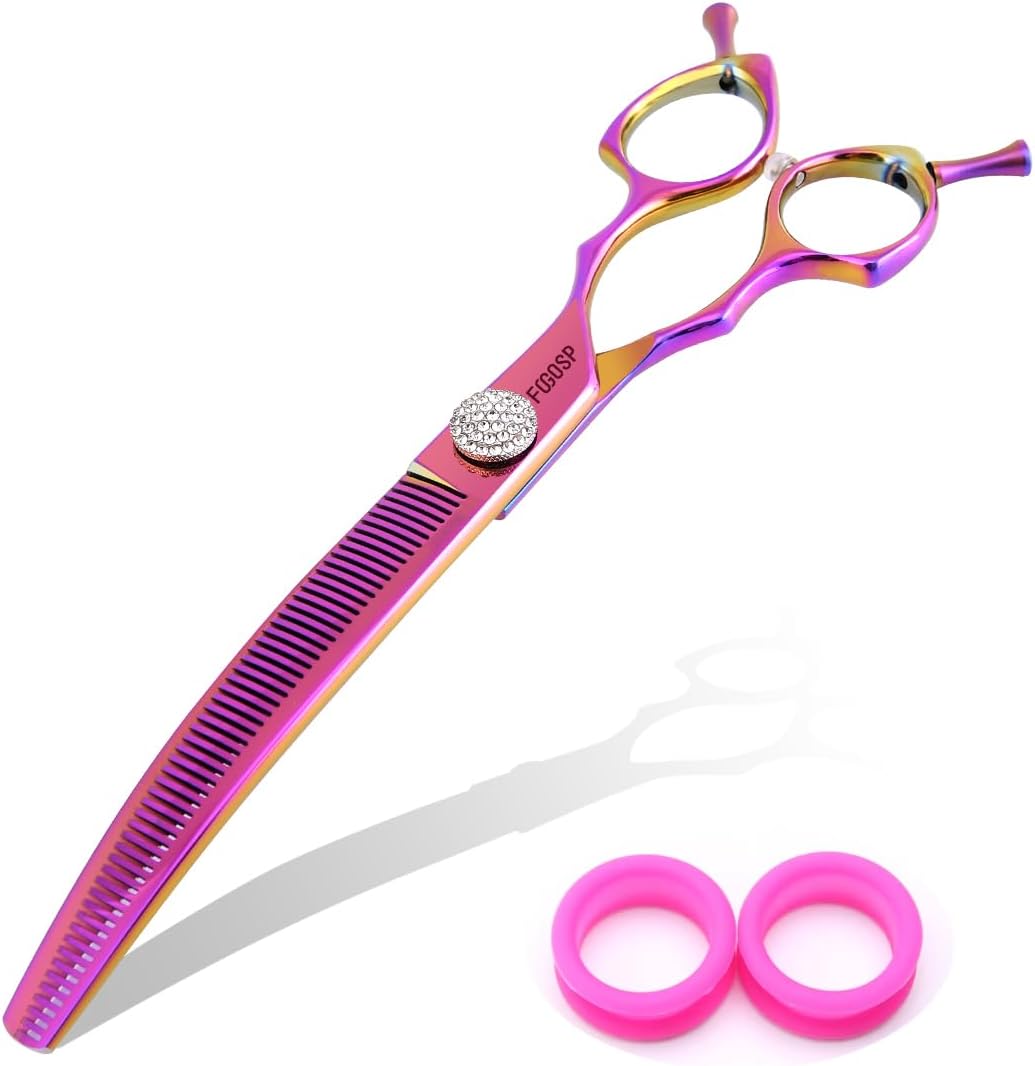 Professional Curved Thinning Shears Dog Grooming Scissors 7.5'' Rainbow Curved Thinner Scissors for Grooming Large Dogs Pet 56 Teeth Japan 440C(Curved Thinner,Rose Red)