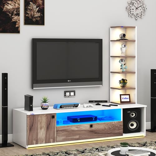 Image of Anikaa Engineered Wood Floor Standing Modern TV Unit with LED Light for Living Room | 2-Door & Open Box Cabinet with Side Shelf | Ideal for Up to 55 Inch | (White /Coachwood) DIY Installation