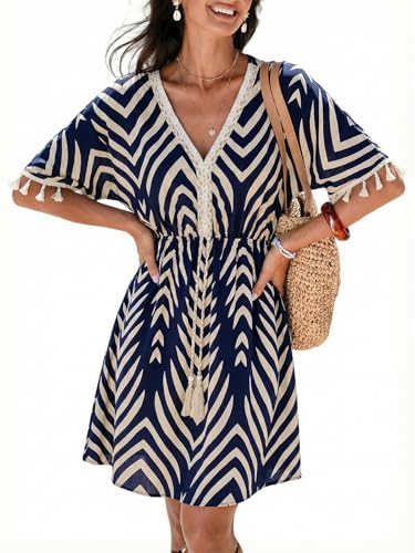 Image of CUPSHE Women Tassel Trim Summer Dress V Neck Lace Short Sleeve Paisley Boho Casual Sundress Holiday Beach Mini Dress