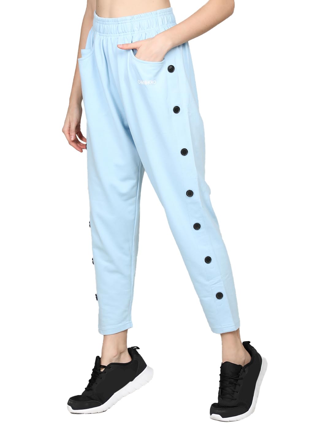 CHKOKKO Women's Regular Fit Mid Rise Casual Side Button Poly Cotton Track Pants