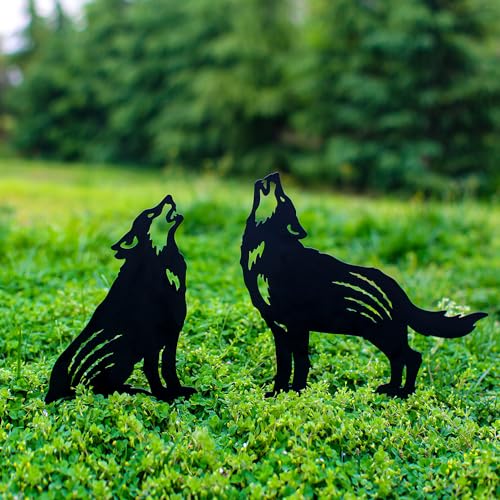 Piquets de jardin décoratifs silhouette loup noir en métal, cadeau idéal pour grands-parents