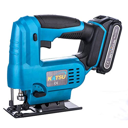 KATSU 18V Cordless Jigsaw with 2.0Ah Battery and 2 Blades, Electric Jig Saw Tool, 0-2400SPM Speed, ±45° Bevel Cutting, Variable Speed, for Wood Plastic Metal Cutting 102752