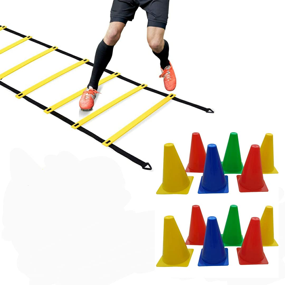 Flat Regular Adjustable Speed Agility Ladder (4 M with 10 Rungs) and Pack of 12 Marker Cones (6 Inch) for Soccer Cricket Track and Field Sports-image-3