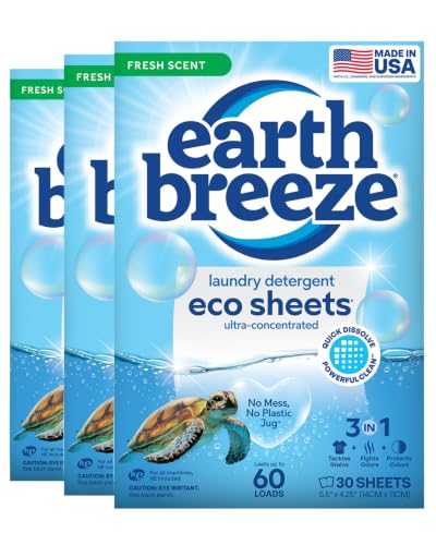 Image of Earth Breeze Laundry Detergent Sheets Fresh Scent - 60 Loads per package. Eco Liquidless Soap - Travel-Friendly for Hot & Cold Cycles, Tackles Tough Stains & Odors - Gentle on Skin, 30 sheets (3 Pack)