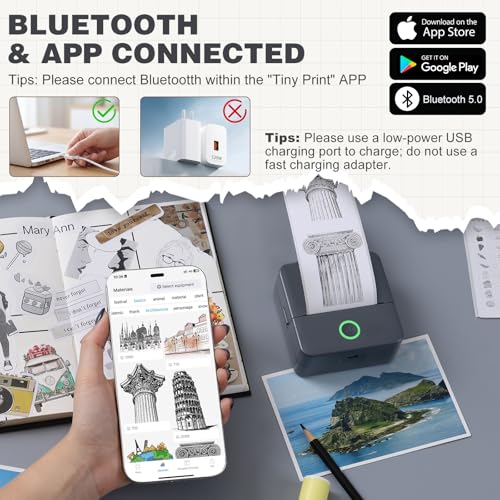 Image of cudinham Print Pods Mini Printer, Sticker Printer with 10 Rolls Thermal Printing Paper, Inkless Pocket Printpod for Phone, Impresora Portatil for Notes, DIY, Compatible with iOS & Android (Grey)