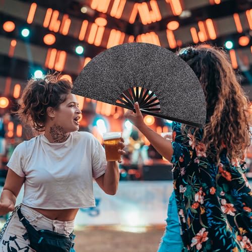 Image of Vercraft 13'' Large Rave Fan for Women Rave Accessories Festival Outfits Glitter Hand Folding Clack Fan for Line Dancing Edm Music Festival Outfits(Black)
