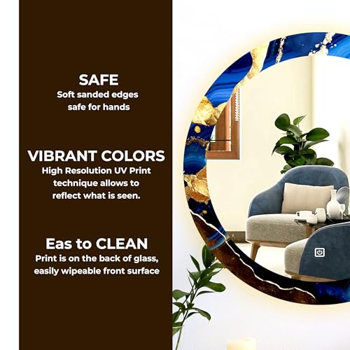 Image of NEVEX Glass Round 24x24 Inch Decorative Art Unique UV Printed Smart LED Mirror with 3 Color Lights (Warm White, Cool White & Natural White) | Fancy Wash Basin Wall Mirror for Modern Home Decor