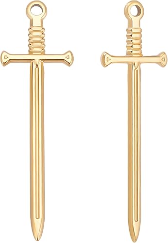Beebeecraft 1 caja, 10 dijes de espada para hacer joyas, chapado en oro de 18 quilates, acero inoxidable, espadas largas, cuchillo, colgantes para