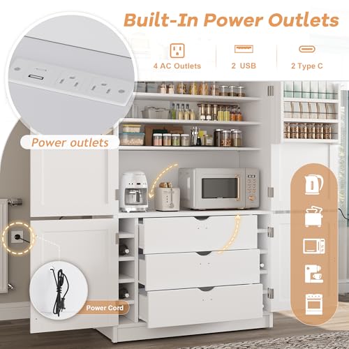 Image of Ball & Cast 80″Tall Freestanding Kitchen Pantry Cabinet with 2 Power Outlets & 3 Large Drawers,41 inch W Versatile Farmhouse Pantry Storage Cabinet w /Adjustable Shelves and Door Shelves,for Kitchen