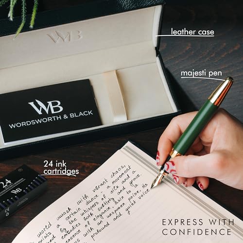 Image of Wordsworth & Black Majesti Luxury Fountain Pen Set for Writing, Medium Nib | Green, Gift for Men Women, Gold Finish, 18K German Iridium, Calligraphy, Converter + 24 Ink Cartridges, Refillable