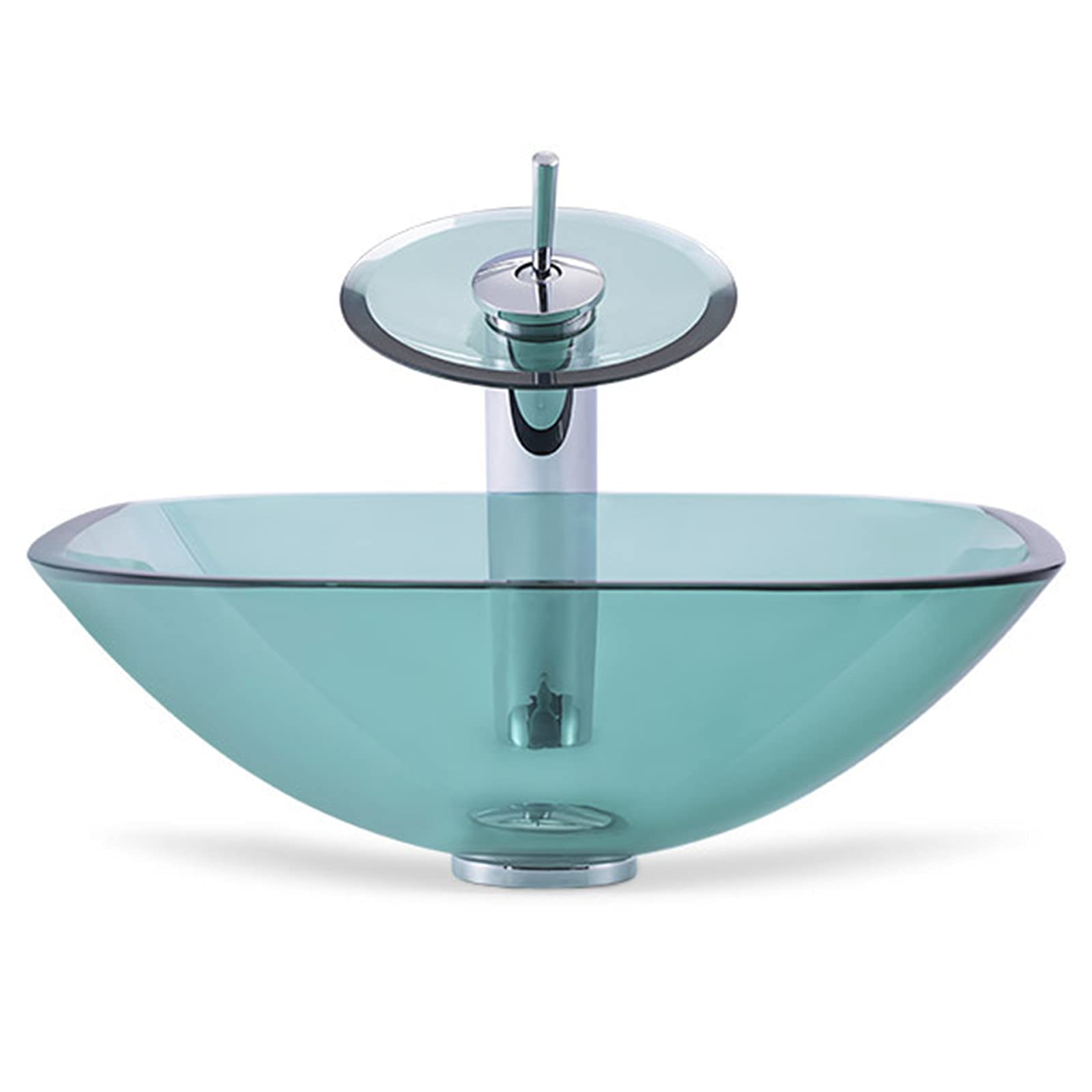 ASerZenith Bathroom Vessel Sink, Green Clear Light Tempered Glass Vessel Sink With Waterfall Faucet And Pop Up Drain, Bathroom Cloakroom Countertop Sink