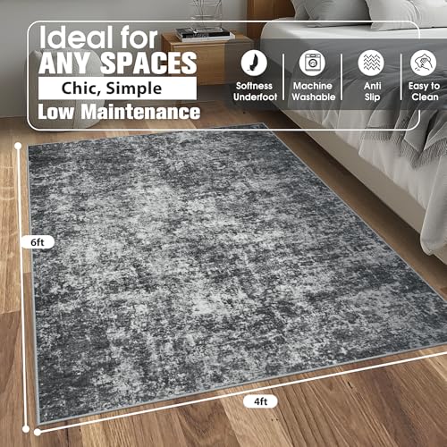 4x6 Area Rugs for Living Room Rug Washable: Abstract Rug for Dining Room Bedroom Carpet Non Slip 4 by 6 Indoor Modern Nursery Home Office Black Grey