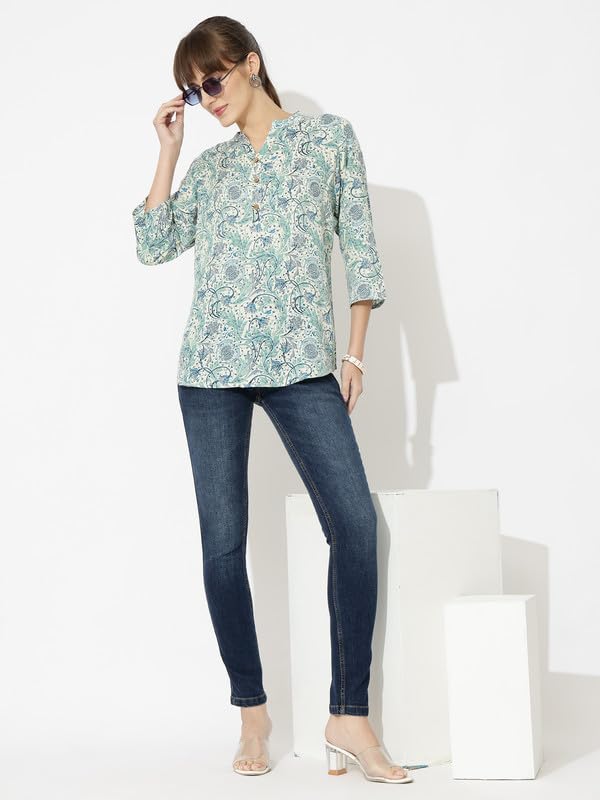 Image of Women's Cotton Printed Kurta Top | 3 /4 Sleeve Straight Kurti Casual Outings