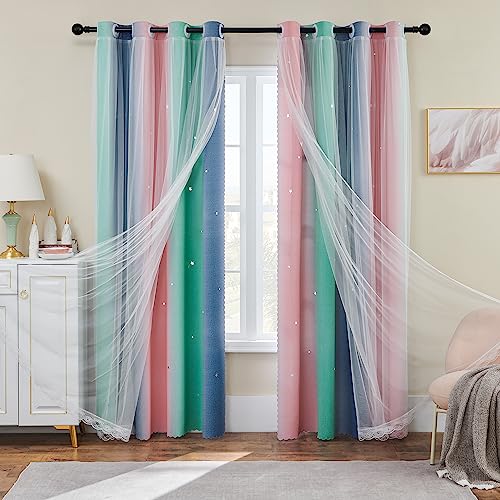Image of XiDi Grey Curtains for Kids Room, Nursery Blackout Curtain, Girls Room Decor Pink & Green Curtains, 84x34 in, 1 Panel