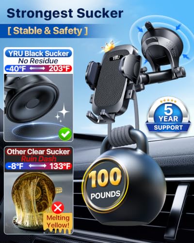 Image of [True Upgrade for Safety] YRU Car Phone Holder Mount [Patent & Military-Grade] Dashboard Cell Phone Holder for Car Vent Windshield Phone Stand for iPhone17 16 15 14 13Pro Max Truck Samsung, Dark Black