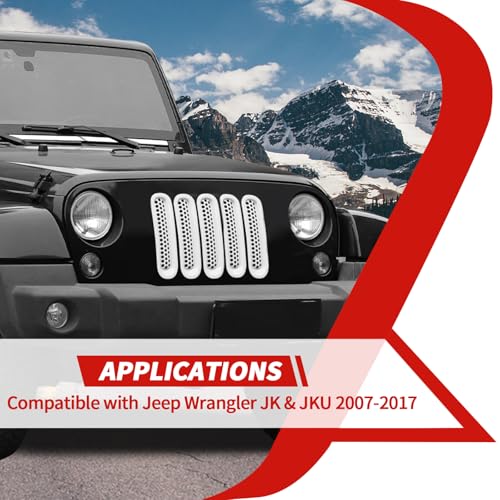 Image of Front Grille Inserts Grill Mesh Clip-on Trim Covers Exterior Accessories Compatible with Jeep Wrangler JK & JKU 2007-2017,White