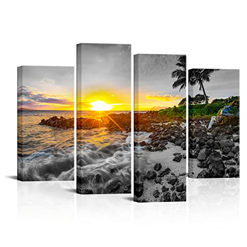 LevvArts Hawaii Sunset Wall Art Canvas Prints Tropical Beach Picture Maui Landscape Painting Artwork Framed for Home Living Room Ready to Hang