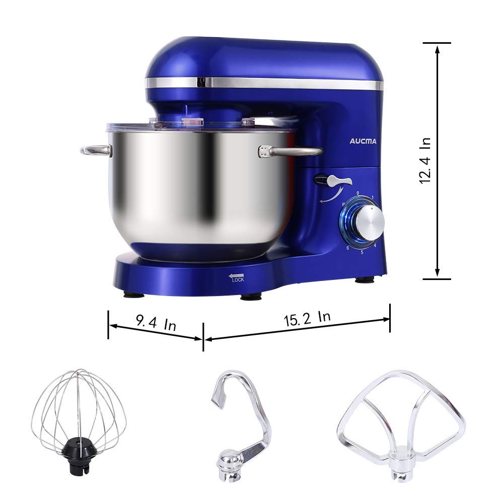 Aucma Stand Mixer,6.5-QT 660W 6-Speed Tilt-Head Food Mixer, Kitchen Electric Mixer with Dough Hook, Wire Whip & Beater (6.5QT, Royal Blue) (Renewed)