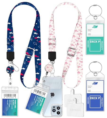 2-in-1 Cruise Lanyard Phone Holder, Crossbody Around Neck Ship Cards Cellphone Lanyards with Retractable Reel Waterproof Key Card Holder Luggage Tags for Carnival Royal Caribbean 2 Pack,Sharks