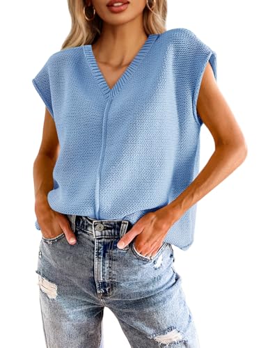 Saodimallsu Womens Summer Cap Sleeve Tops V Neck Casual Loose Fit Knit Lightweight Going Out Sweater Pullover Top Sky Blue Saodimallsu Womens Summer Cap Sleeve Tops V Neck Casual Loose Fit Knit Lightweight Going Out Sweater Pullover Top Sky Blue